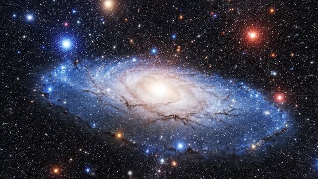 A breathtaking animation of a spiral galaxy rotating in deep space, surrounded by colorful nebulae and twinkling stars.