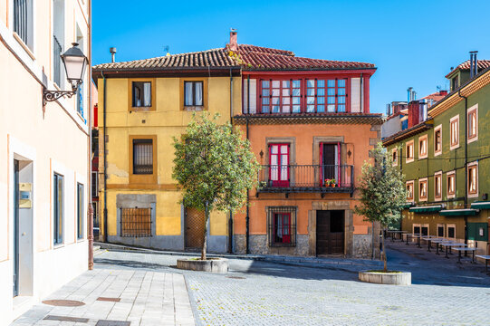Colorful Buildings at Square in the Historic Centre of Gijon, Spain