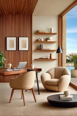 Obraz premium Modern beige home office with lounge chair, wooden desk and coastal view for professional workspace