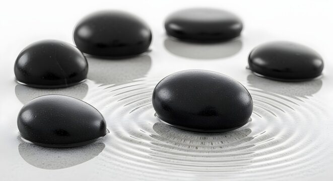 Fresh black olives arranged in circular pattern on reflective white surface minimalist still life