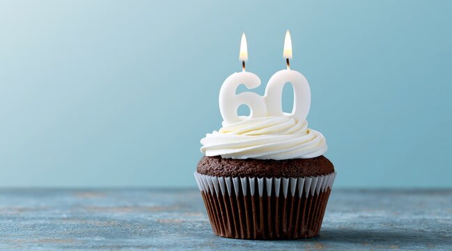 Chocolate cupcake with white frosting and number 60 lit candles on blue background