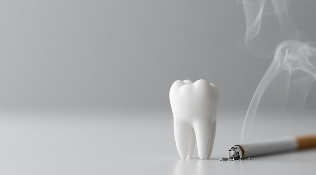 White tooth model next to burning cigarette with smoke