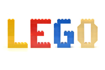 Obraz premium Word lego is made from colorful letters are made from bricks. Editorial illustrative image of popular plastic toy constructor.