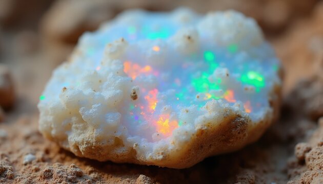 Raw matrix opal chunk showcases vibrant rainbow fire. Porous white rock displays colorful flashes and patterns. Natural gemstone sits on sandy earth surface.