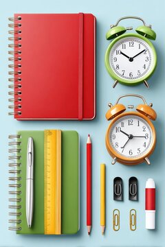 Colorful school and office supplies layout with notebooks, pencils and alarm clocks on blue