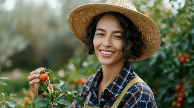 Young woman smiling while picking cherry tomatoes in garden