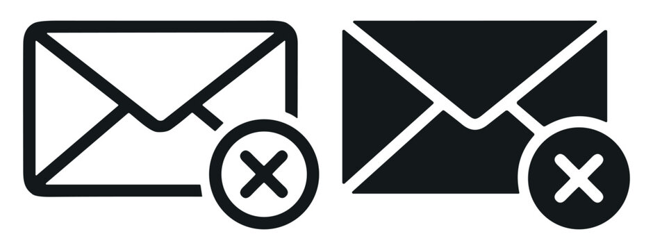 Set of envelope icons with a cancel or delete symbol, message rejection concept in black and white style on transparent background