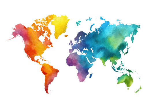 Vibrant watercolor world map isolated on transparent background. Colorful watercolor world map with continents isolated on white background.