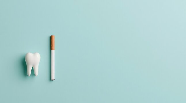 Tooth model and cigarette on light blue background