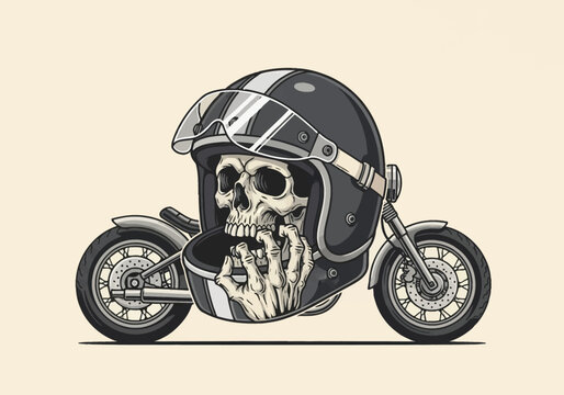 Vector illustration of a human skull wearing a black vintage motorcycle helmet with a visor, integrated into a custom chopper motorcycle frame with wheels and a skeletal hand.