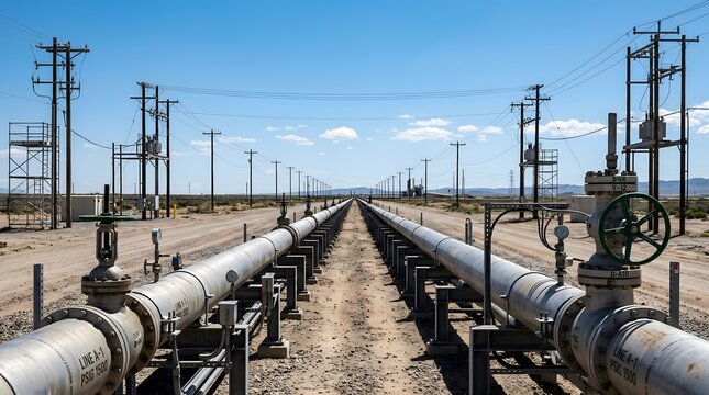 Two parallel industrial steel pipelines with control valves stretching into the distance.