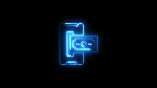 Neon blue credit card and smartphone payment concept on black background mobile payment