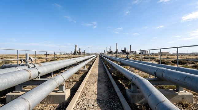 Industrial steel pipelines transporting oil and gas towards a refinery facility.