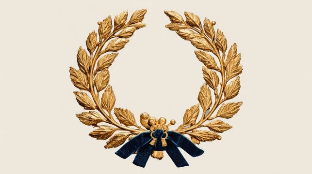 Ornate golden laurel wreath with a dark blue ribbon tied at the bottom