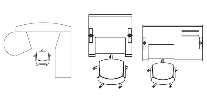 Executive office furniture layout with l-shaped desk and ergonomic chairs top view for interior floor planning.