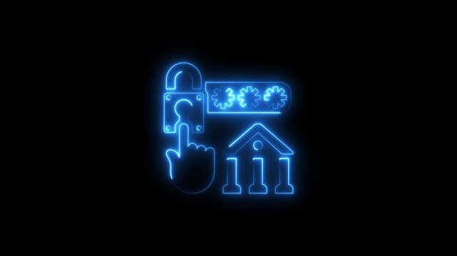 Neon blue lock key and house with circuit board on black background