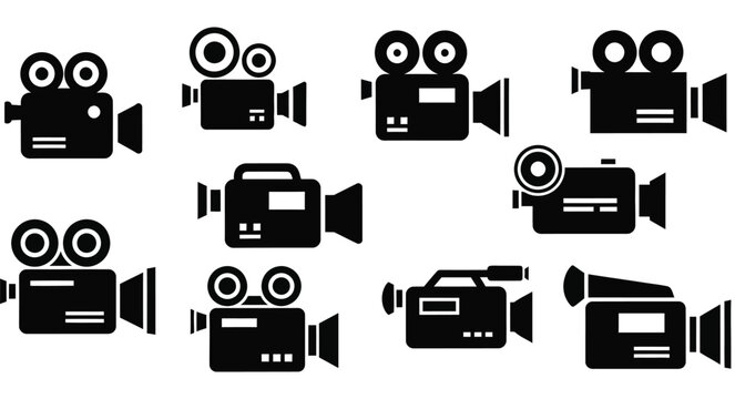 Vintage Film Camera Silhouettes Black Vector Icons On White Background