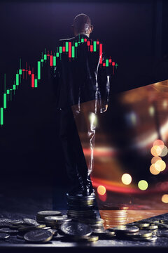 A miniature man standing in front of a stack of coins. double exposure of businessman with coins and city night, financial and investment concept