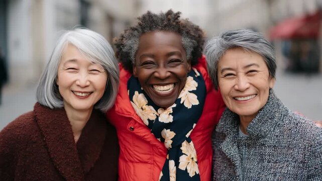 Three older women laughing and smiling on city street together