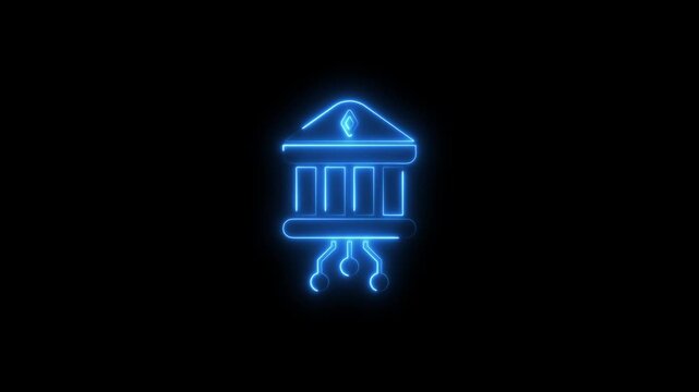 Neon blue bank building with dripping effect on black background