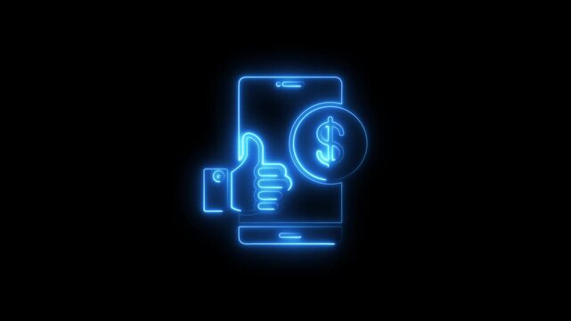 Neon glowing smartphone with thumbs up and dollar sign on black background mobile