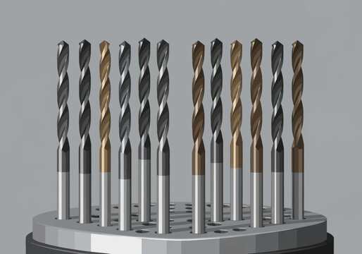 Set of industrial twist drill bits with black oxide and titanium nitride coatings, organized vertically in a circular metal storage holder against a neutral grey background.