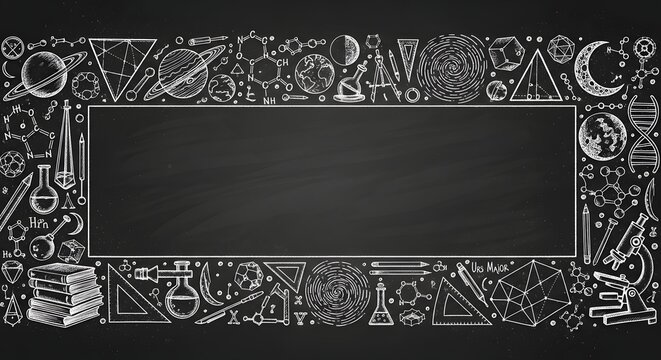 Chalkboard background with handdrawn science and education icons and a central empty rectangular frame