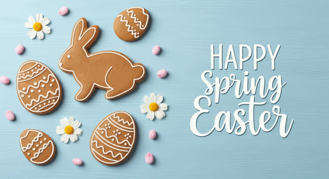 Happy Spring Easter card with gingerbread cookies shaped like a bunny and decorated eggs with white icing, plus daisies and pink candies on a light blue wood plank background.