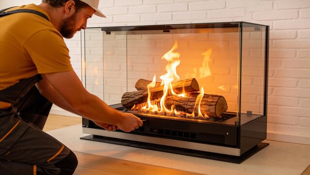 Man adjusting a modern fireplace