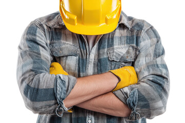 Fototapeta premium Confident construction worker ready for action isolated on transparent background. Construction worker holding yellow gloves and helmet isolated on white background.