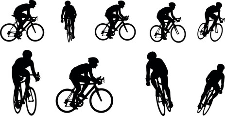 Obraz premium Black and white vector silhouettes of cyclists in various racing poses, isolated on white background.