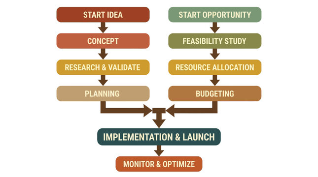 Business process, startup flowchart, project management, planning stages isolated on White Background vector eps