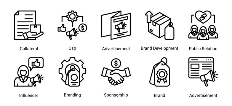 Business branding icon set with advertisement,brand identity,sponsorship,and influencer marketing icons for creative promotion and corporate design.