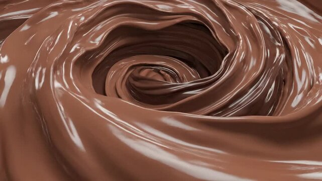 A captivating close-up of rich, creamy chocolate liquid swirling gracefully, forming a mesmerizing vortex. Perfect for food and dessert visuals.