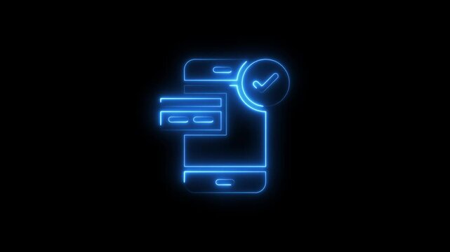 Neon blue smartphone with checklist and messages on black background mobile