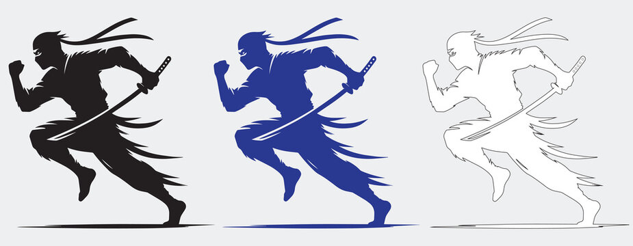 A stark, pitch-black silhouette of a ninja warrior frozen in a dynamic, mid-strike combat stance with a razor-sharp katana.
