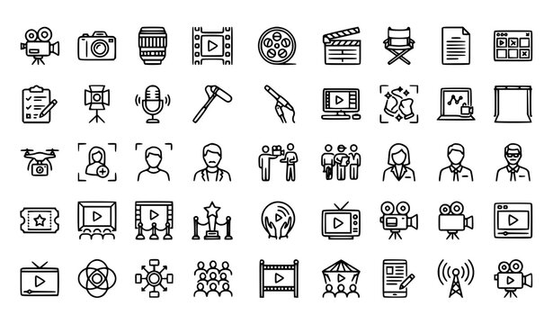 Cinema and Film Production Outline Icons Set with Movie Camera, Director, Actress, Clapboard, Drone, Award, Streaming, Broadcast and Entertainment Elements