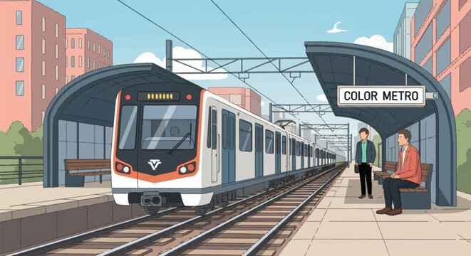 Modern subway train arriving at an outdoor metro station platform with waiting passengers. Vector illustration of city railway transport system with buildings and catenary wires.