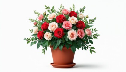 Fototapeta premium Red and pink roses with green leaves in terracotta pot. Full bloom flowers arrangement for home decor, wedding, or garden projects. Fresh natural beauty.
