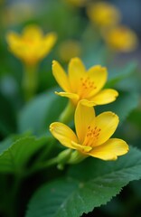 Fototapeta premium Close up macro shot of bright yellow flowers with green leaves. Two blooms are in focus against a soft blurred background of more flowers and foliage.
