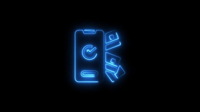 Neon smartphone with glowing blue payment symbols and cash bills on black background mobile