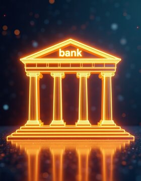 Glowing neon bank building facade. Classical architecture with four columns. Digital finance concept. Futuristic financial institution. Modern economy abstract idea.