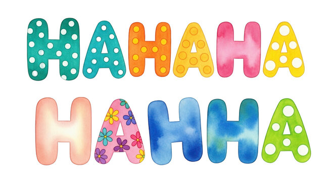 Multicolored watercolor haha text with decorative letters and polka dots