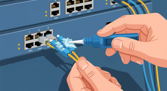 Detailed vector illustration showing a technician's hands cleaning a fiber optic duplex connector with a specialized tool near a network switch in a data center environment.
