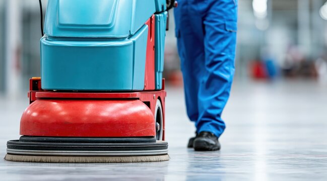 professional cleaner operating industrial floor scrubber machine in warehouse