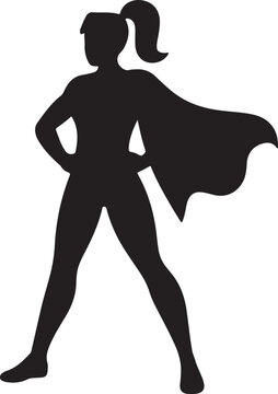 Black silhouette of a strong superhero woman with a flowing cape standing confidently with hands on hips.