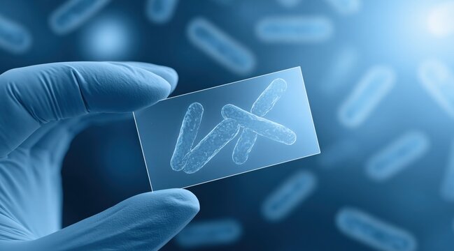 Gloved hand holding microscope slide with bacteria forming ux letters
