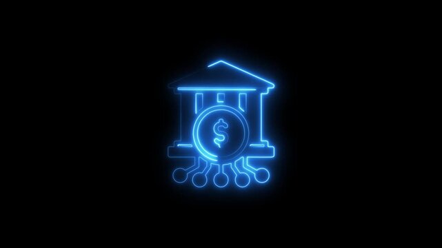 Neon bank building with dollar sign and gears on black background neon sign finance