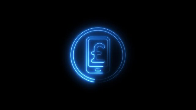 Glowing blue mobile phone with pound sign in neon circle on black background