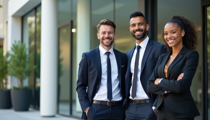Fototapeta premium Diverse business team smiles outside modern office building. Professionals in suits show unity, success, and partnership. Employees collaborate, work together, happy faces represent corporate culture.